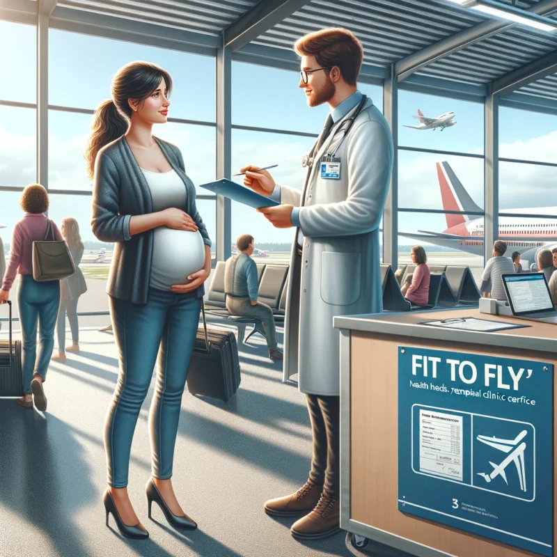 Havalimanında gerçekçi bir sahne; hamile bir kadın, Fit to Fly belgesini tutarken geçici bir klinikte doktorla görüşüyor. Arka planda yoğun bir şekilde seyahat eden diğer yolcular ve görünen uçaklar, seyahat hazırlıklarında sağlık ve güvenlik vurgulanıyor.